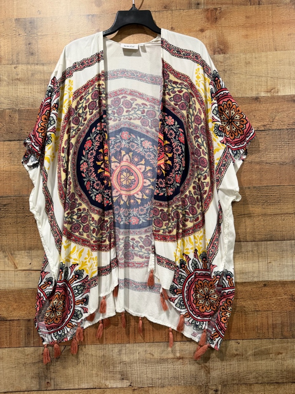 Bohemian Colorful Medallion Print Kimono with Tassels One Size